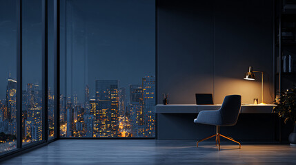 Modern minimalist night office with empty conference room and city view