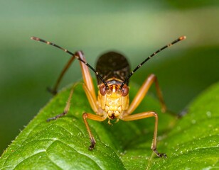 Fototapeta premium Close-up of a tiny, yellow and black insect on a green leaf
