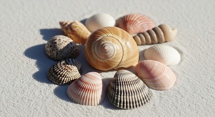 Seashell Collection on White Sand