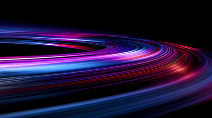 Dynamic abstract background of glowing colorful light trails, representing speed and movement against a dark background