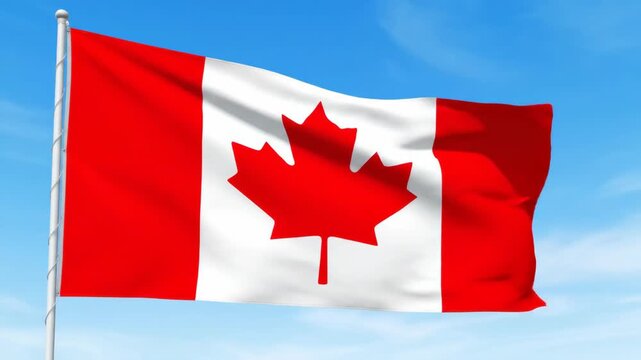 Vibrant Canadian Flag Waving Against a Bright Blue Sky