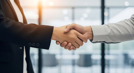 Professional business handshake signaling agreement and successful partnership in a modern office setting with warm light