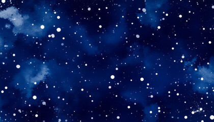A deep indigo watercolor wash background with white paint splatters, creating an abstract starry night sky or winter snowfall effect.