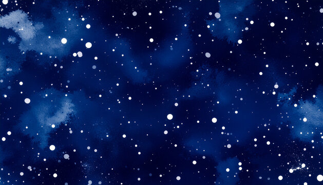 A deep indigo watercolor wash background with white paint splatters, creating an abstract starry night sky or winter snowfall effect.