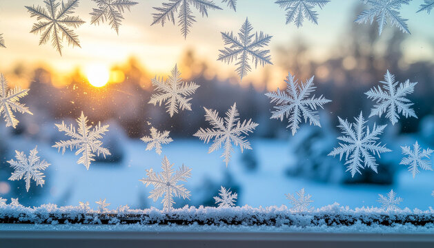 A macro photograph of intricate frost snowflakes on a window pane with a beautiful, warm winter sunrise and snowy landscape blurred in the background. - Powered by Adobe