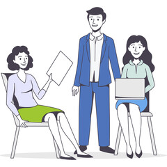 Three Diverse Professionals in a Meeting with Documents and Laptop Presenting Ideas and Collaborating in a Modern Office Setting