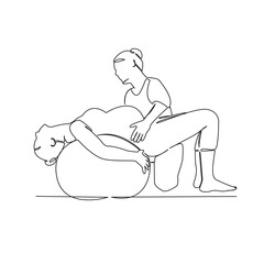 One continuous single drawing line art flat doodle fitness, gym, woman, ball, exercise, pregnant, pregnancy, training. Isolated image hand draw contour on a white background, hand drawn, not AI