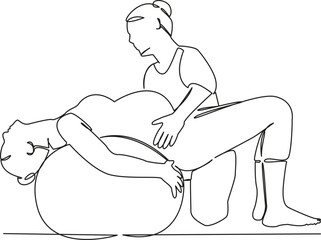 One continuous single drawing line art flat doodle fitness, gym, woman, ball, exercise, pregnant, pregnancy, training. Isolated image hand draw contour on a white background, hand drawn, not AI