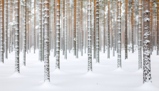A view of a winter forest with snow-covered pine trees, creating a serene and graphic natural pattern.