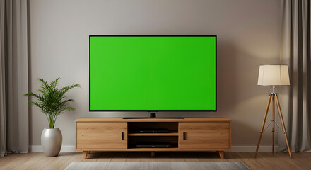 Green Screen TV in Cozy Living Room — TV Layar Hijau di Ruang Tamu Nyaman
