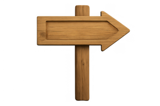 Wooden signpost arrow pointing right, providing direction, information, navigation, destination indication on transparent background