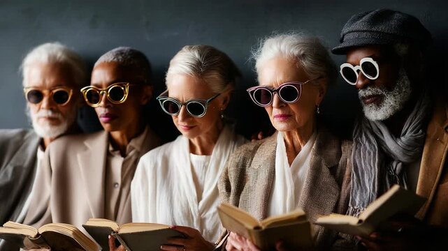 A Diverse Group of Stylish Seniors Reading Together in Sunglasses, Celebrating Literature and Connection Through the Joy of Shared Reading Experiences