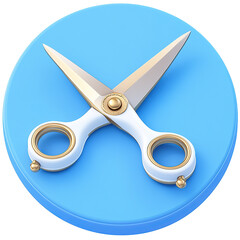 Elegant White and Gold Scissors Icon on Blue Circle.