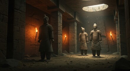 Fototapeta premium Ancient clay figures stand guard within a dimly lit underground chamber illuminated by torches and overhead light