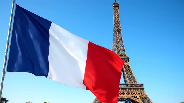 French Flag Waving in Front of Iconic Eiffel Tower in Paris