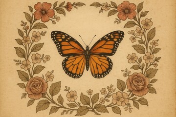 Fototapeta premium Vintage butterfly floral art background