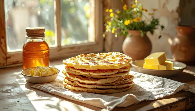 Stack of golden brown pancakes served with butter and honey on a rustic wooden table near a sunlit window with wildflowers in a vase