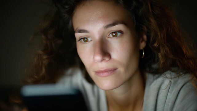 Young woman with curly hair looking at smartphone screen while sitting in a cozy setting, focusing on digital content, evening atmosphere captured beautifully
