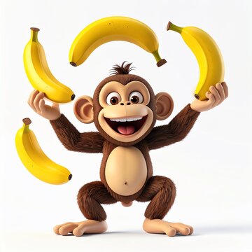 Playful cartoon monkey joyfully juggling four yellow bananas