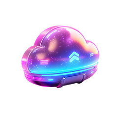 Futuristic Neon Cloud with Cosmic Galaxy Interior and Upward Arrow Icon.