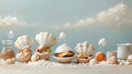 Anthropomorphic New Zealand green-lipped mussels preparing a feast in a miniature kitchen.