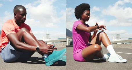 Series, people and tying shoes for fitness, getting ready and preparation for exercise. Man, woman and lace footwear with composite, sports training and runner safety for marathon practice on bridge