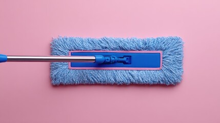 A flatlay overhead shot shows a light-blue rectangular mop head with a metallic handle against a pink background.  The mop head is fluffy and the handle is attached to a blue plastic connector