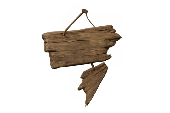 Old weathered wooden signpost hanging with a rope, featuring blank space for text. Rustic vintage design, transparent background