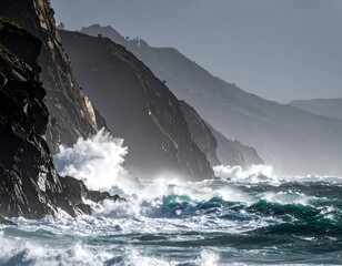 Dramatic ocean waves crashing against rocky cliffs in a sunlit coastal scene