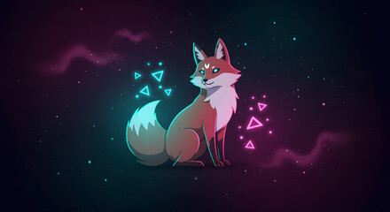 Cartoon fox illustration sitting with glowing neon shapes and stars