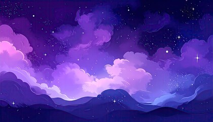 Dreamy Purple Nightscape - Starry Sky and Mountain Silhouette.