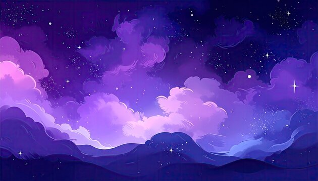 Dreamy Purple Nightscape - Starry Sky and Mountain Silhouette.