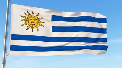 Uruguay flag waving in clear blue sky with sun emblem design - Powered by Adobe