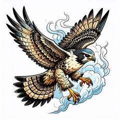 Fototapeta premium Majestic bird of prey with wings spread, soaring through stylized clouds