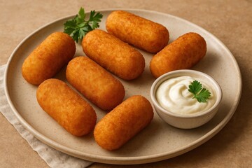 Golden croquettes with creamy dip.