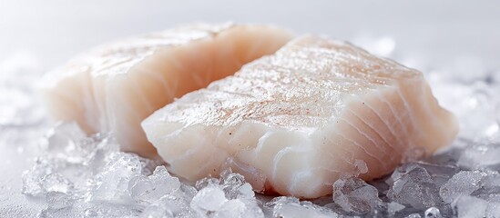 Two raw, white fish filets sit on crushed ice, ready to be prepared