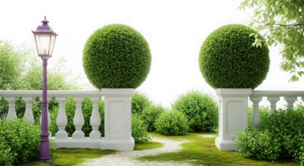 3d elegant garden scene with topiary and lamp post isolated on transparent background