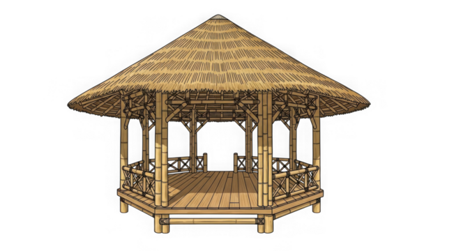 3d tropical gazebo with thatched roof isolated on transparent background