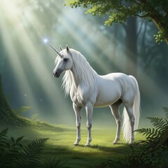 Obraz premium A white unicorn standing in the middle of a lush green forest