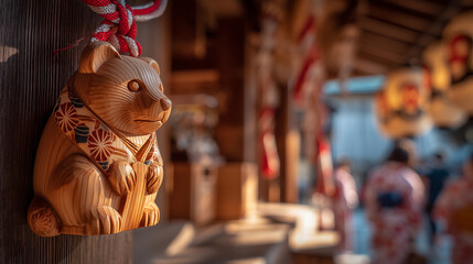 Captivating close-up shot of a meticulously crafted wooden Tanuki statue, symbolizing good fortune and prosperity, found at the Awa no Tanuki Festival in Japan, embodying rich cultural heritage