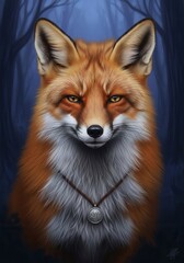 Fototapeta premium A red fox with a necklace on it's neck in the woods