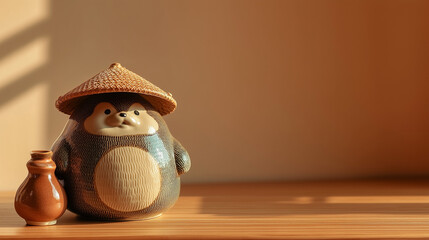 Awa no Tanuki Festival, Japan Charming Raccoon Dog Statue with Traditional Hat and Sake Bottle Under Warm Sunlight, Symbolizing Japanese Folklore