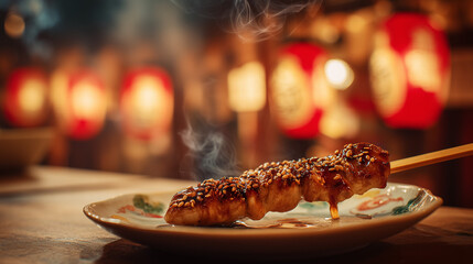 Savoring Delicious Grilled Skewers with a Smoky Aroma at a Lively Japanese Evening Festival, Capturing the Culinary Spirit of Awa no Tanuki Festival, Japan