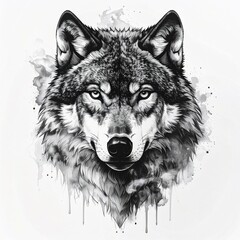 Intense, piercing eyes stare from a detailed watercolor wolf portrait against a stark white background