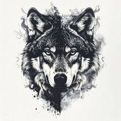 Intense wolf face with smoky, artistic wisps and splatters