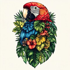 Vibrant macaw emerges from lush tropical foliage with bright feathers and colorful flowers