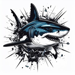 Fierce shark bursts through explosive graphic debris
