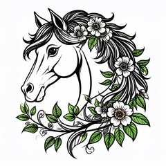Elegant horse head adorned with blooming flowers and lush green leaves