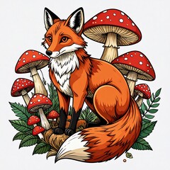 Orange fox sits amidst vibrant red and white spotted mushrooms and green foliage
