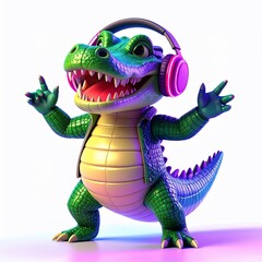 Cheerful cartoon alligator in headphones, vest, and colorful lights, arms raised